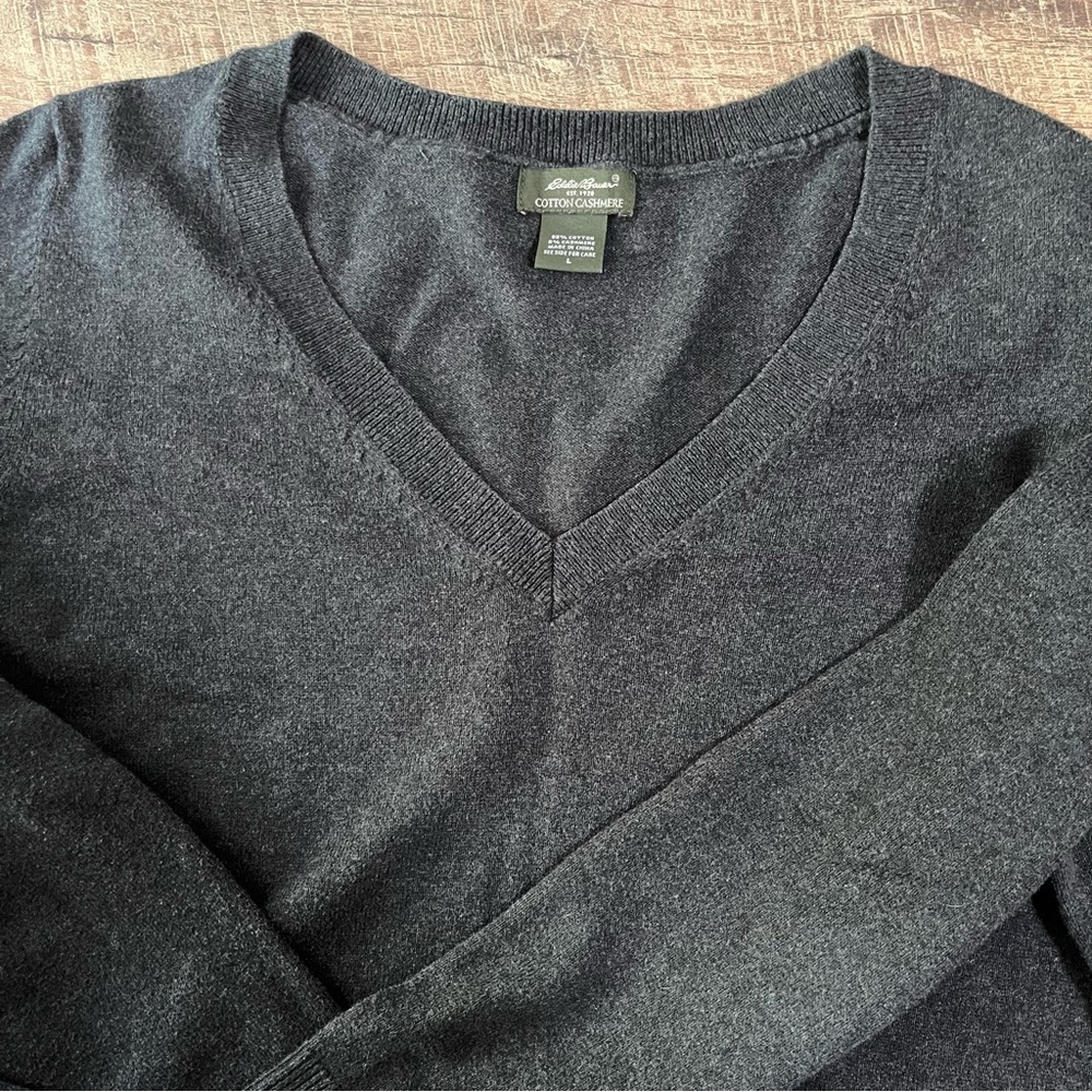 Eddie Bauer Sweater V-neck Men's Large Cotton Cashmere Dark Gray
